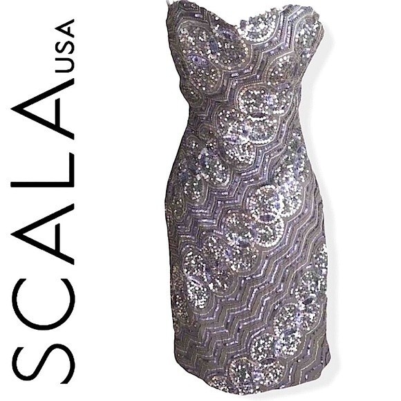 Scala Dresses & Skirts - SCALA Sequin Beaded Embellished Chain Metallic Strapless Cocktail Prom Dress 0